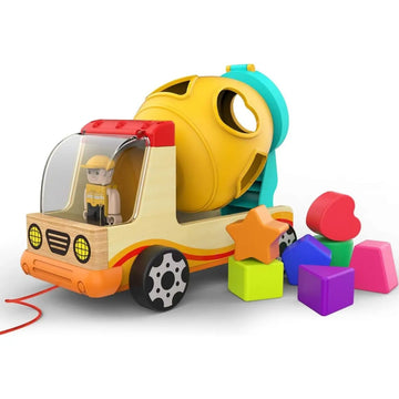 Toddler Construction Vehicle Toy – Wooden Mixer Truck with Colorful Shapes